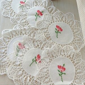 Six Handmade White Doilies, Crochet edges, Single Embroidered Red Rose 9" Diam.